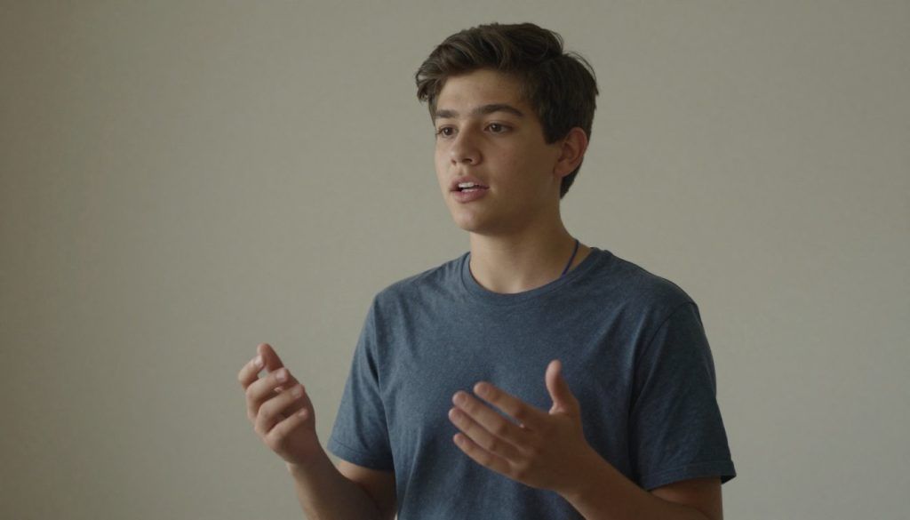 Jeune homme en t-shirt bleu, les mains ouvertes, parlant avec une expression engagée sur un fond clair.