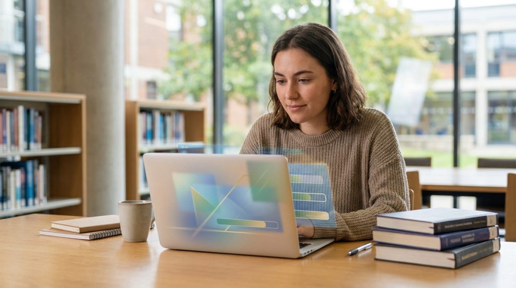 Étudiante concentrée sur son ordinateur portable dans une bibliothèque universitaire avec des graphiques numériques.