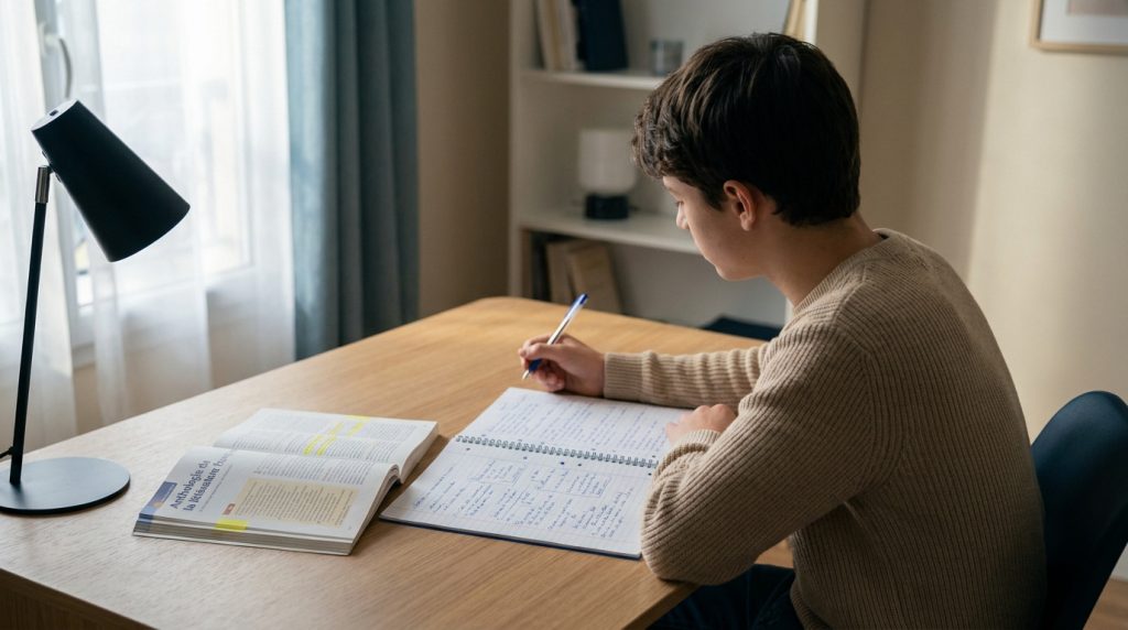 Un lycéen en pull beige concentré sur ses révisions avec un manuel scolaire et un cahier ouvert sur son bureau.