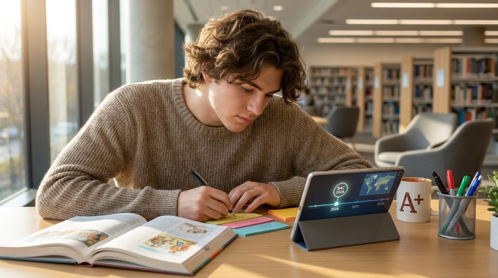 Lycéen concentré étudiant l'histoire-géo avec une tablette et des manuels dans une bibliothèque.