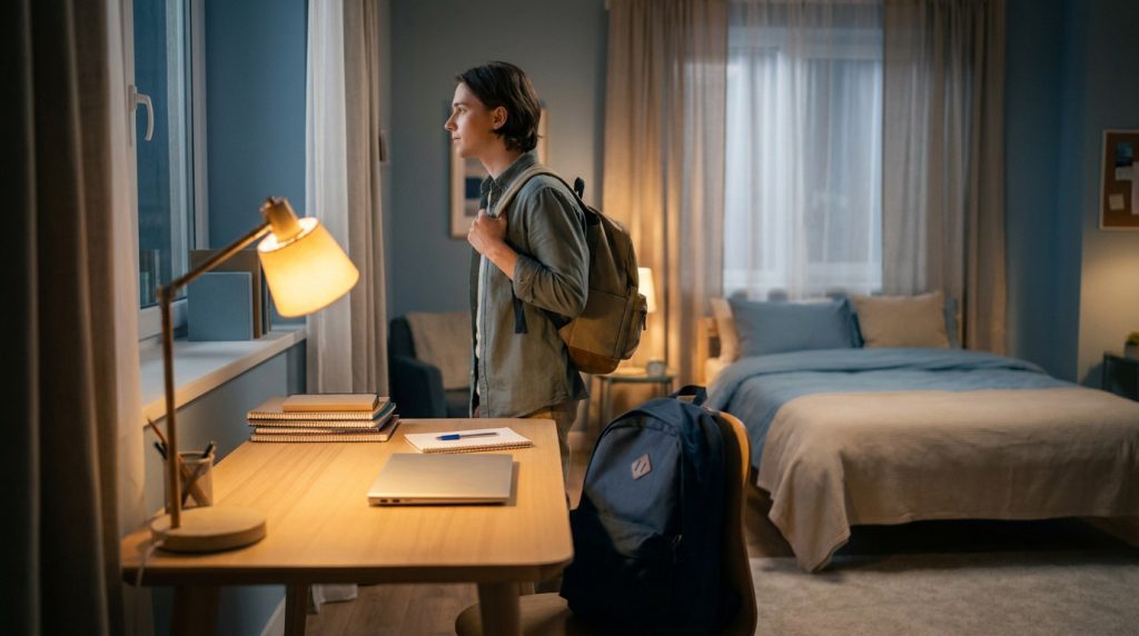 Un étudiant avec un sac à dos regarde par la fenêtre dans sa chambre le soir avant un examen.