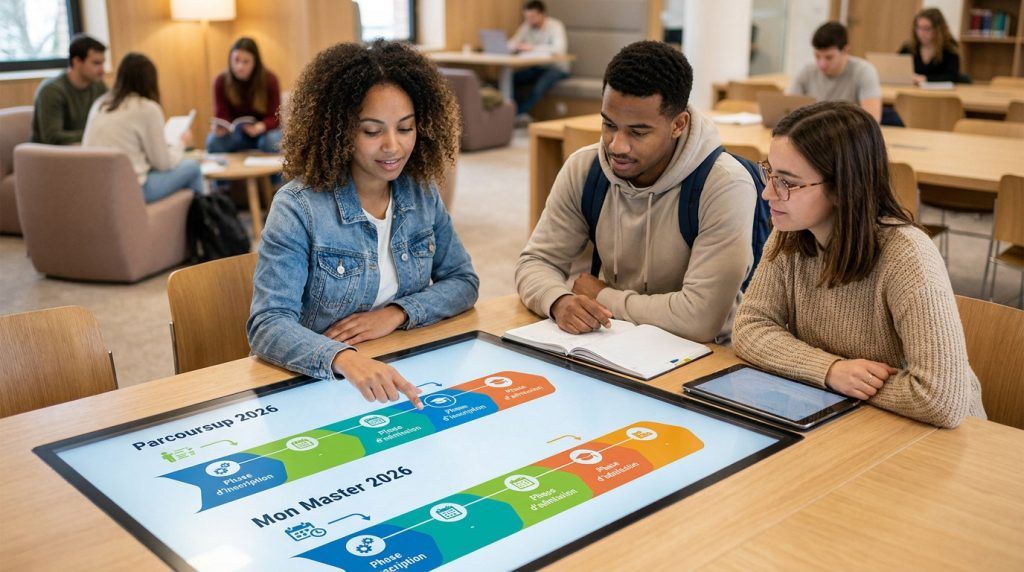 Trois étudiants travaillant sur une table interactive affichant le calendrier des inscriptions universitaires 2026.