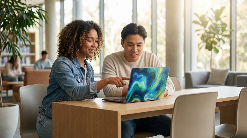Deux étudiants souriants travaillent ensemble sur un ordinateur portable dans une bibliothèque lumineuse.