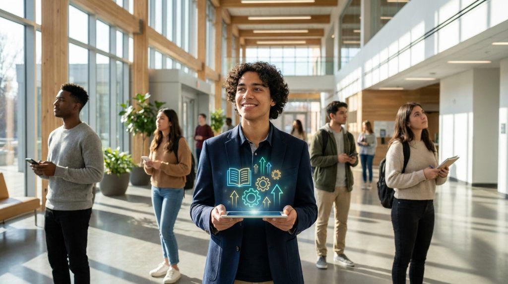 Un étudiant souriant tient une tablette avec des icônes holographiques d'apprentissage devant un groupe d'élèves.