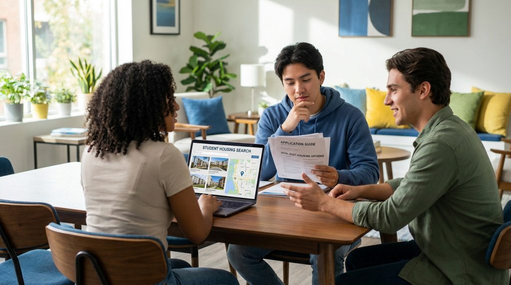 Trois étudiants discutent autour d'une table avec un ordinateur portable et des guides de logement.