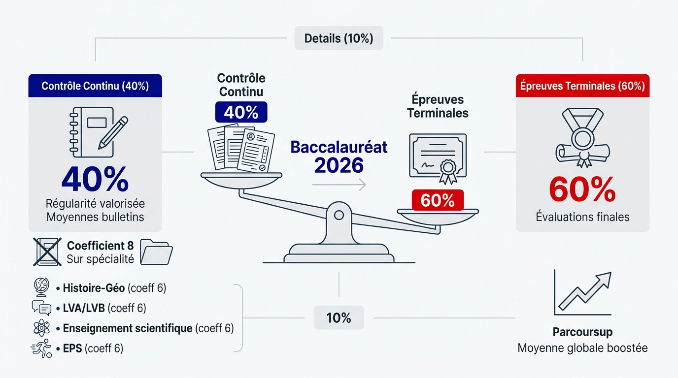 Infographie montrant la répartition des coefficients du baccalauréat 2026