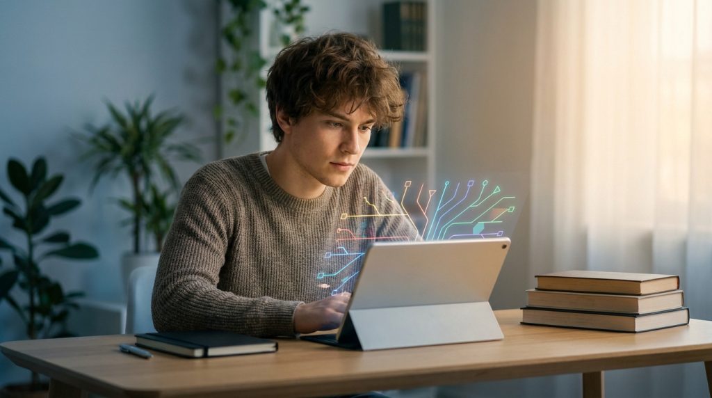 Un jeune homme concentré travaillant sur une tablette avec une interface holographique représentant des circuits.