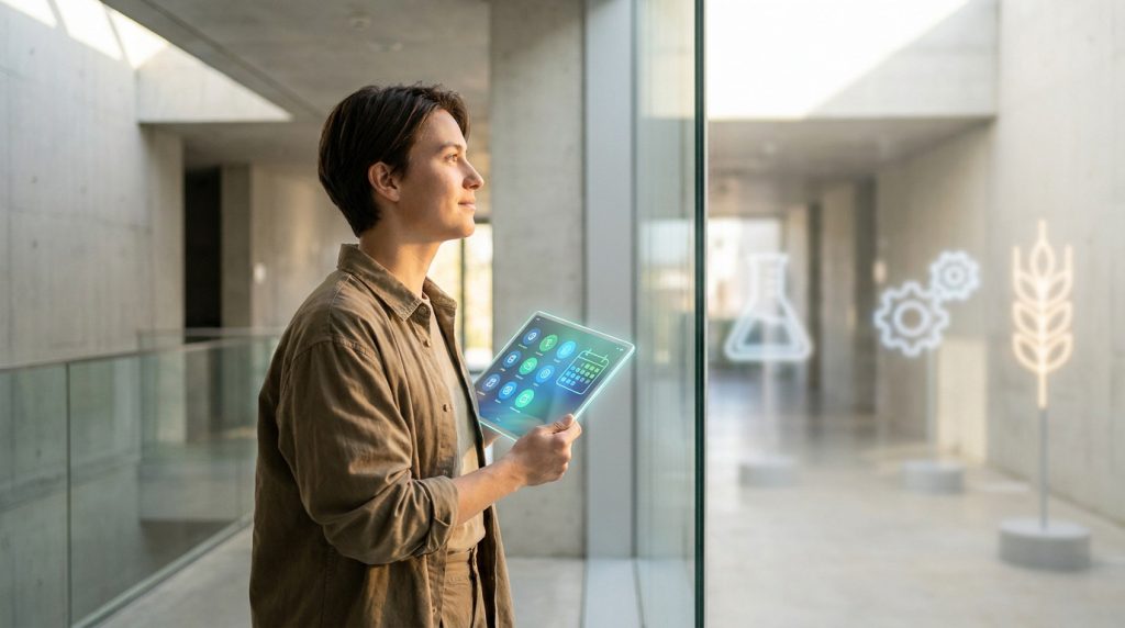 Étudiant tenant une tablette holographique dans un couloir moderne avec des icônes flottantes d'études et de carrière.