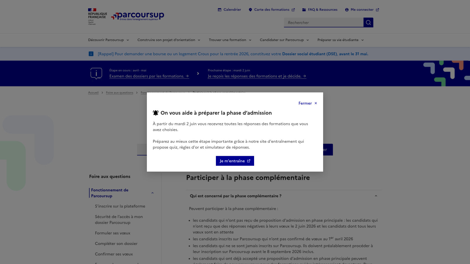 Quel est le calendrier officiel de la phase complémentaire 2026 ?