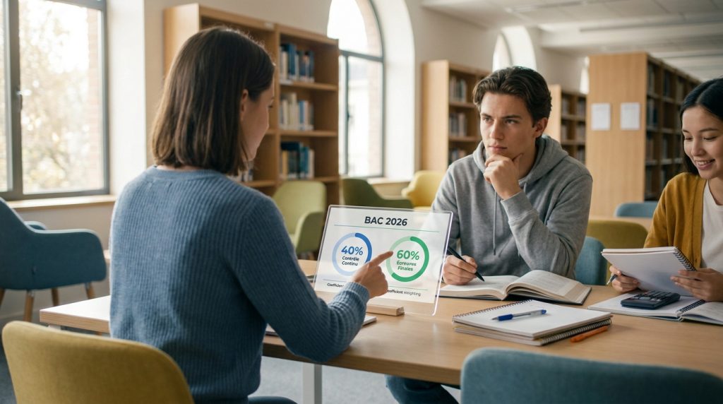 Des étudiants en bibliothèque analysant un graphique montrant la répartition 40% contrôle continu et 60% épreuves finales.