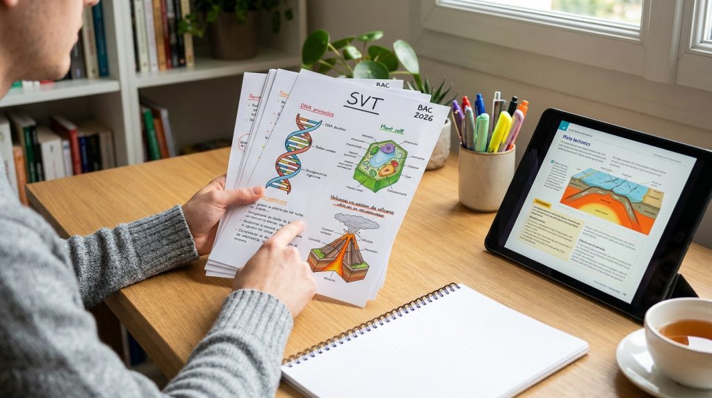 Un étudiant révise la SVT avec des fiches illustrées et une tablette numérique sur un bureau en bois.