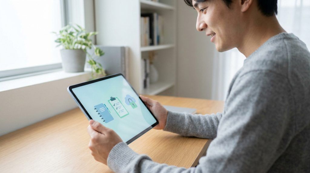 Un jeune homme souriant tient une tablette affichant des icônes numériques sur un bureau.