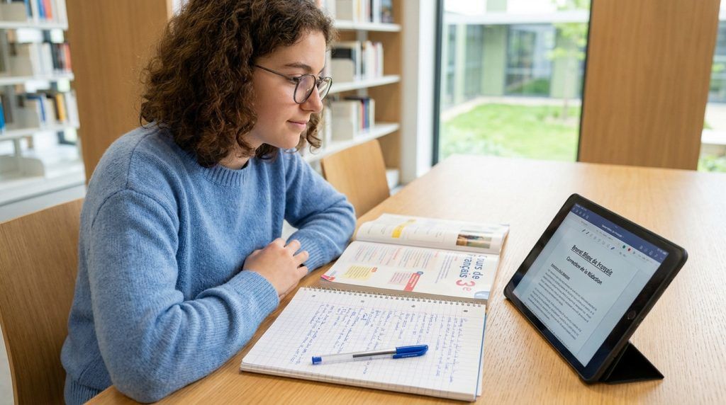 Une étudiante révise son épreuve de français au brevet avec des manuels et une tablette dans une bibliothèque.