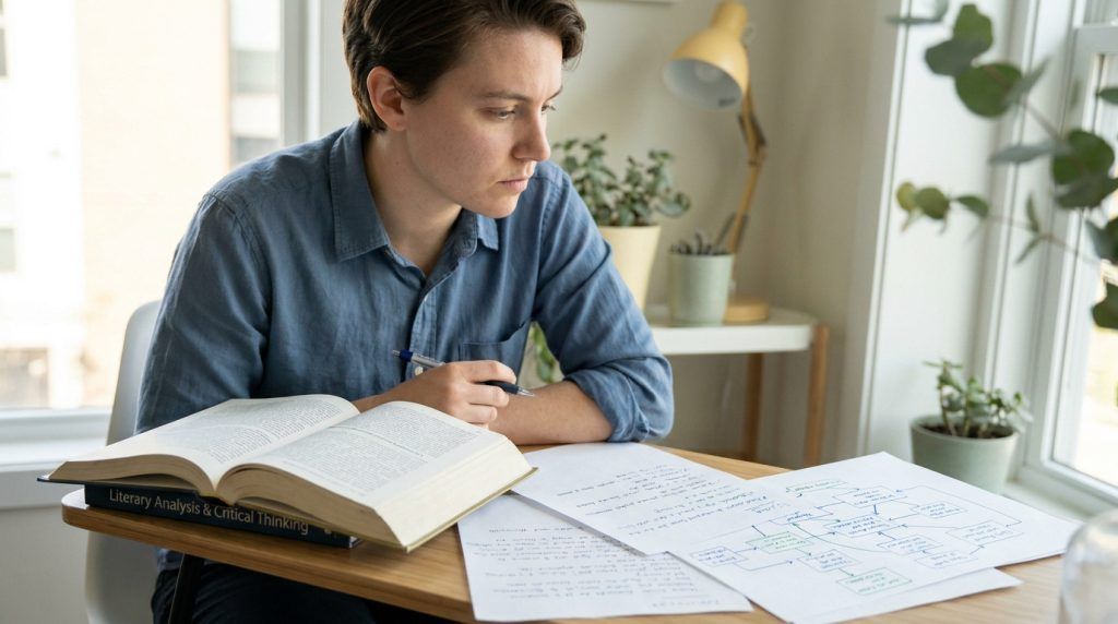 Étudiant concentré travaillant sur un commentaire composé avec un livre et des schémas sur son bureau.