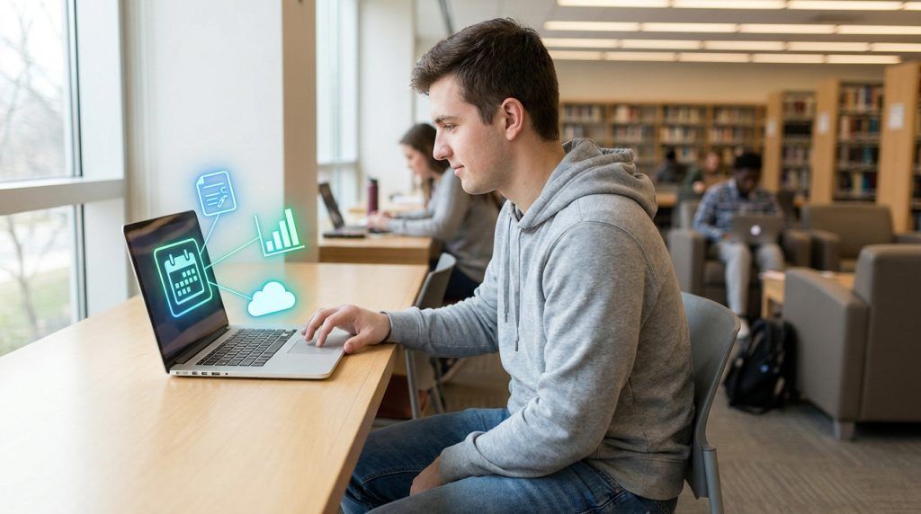 Étudiant utilisant un ordinateur portable dans une bibliothèque universitaire avec des icônes numériques en surbrillance.