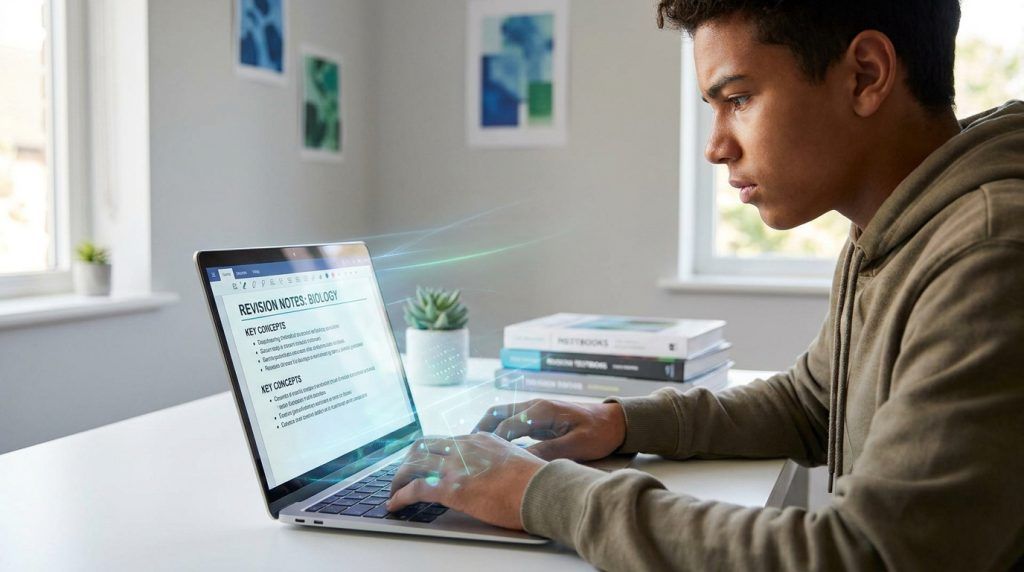 Un étudiant travaillant sur son ordinateur portable avec une interface holographique pour créer des fiches de révision.