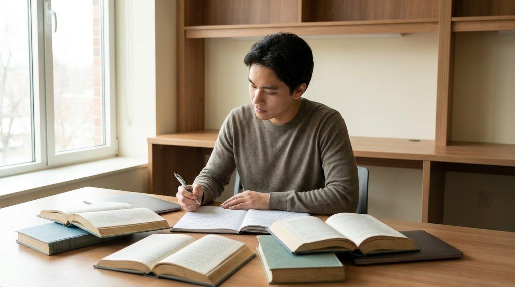 Un étudiant concentré écrit dans son cahier, entouré de livres ouverts sur un bureau en bois.