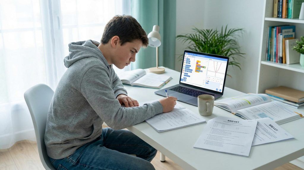 Un adolescent concentré sur ses révisions de mathématiques pour le brevet devant son ordinateur et des manuels scolaires.