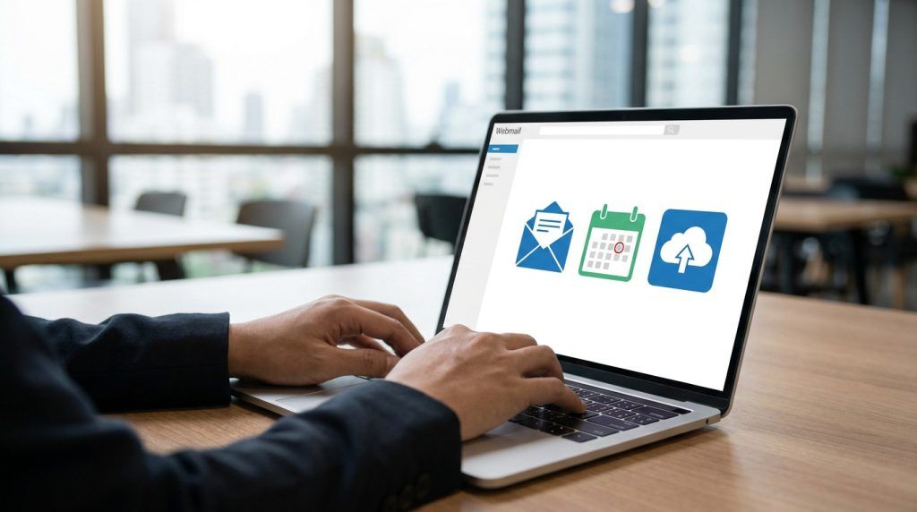 Personne travaillant sur un ordinateur affichant des icônes de messagerie, calendrier et cloud.