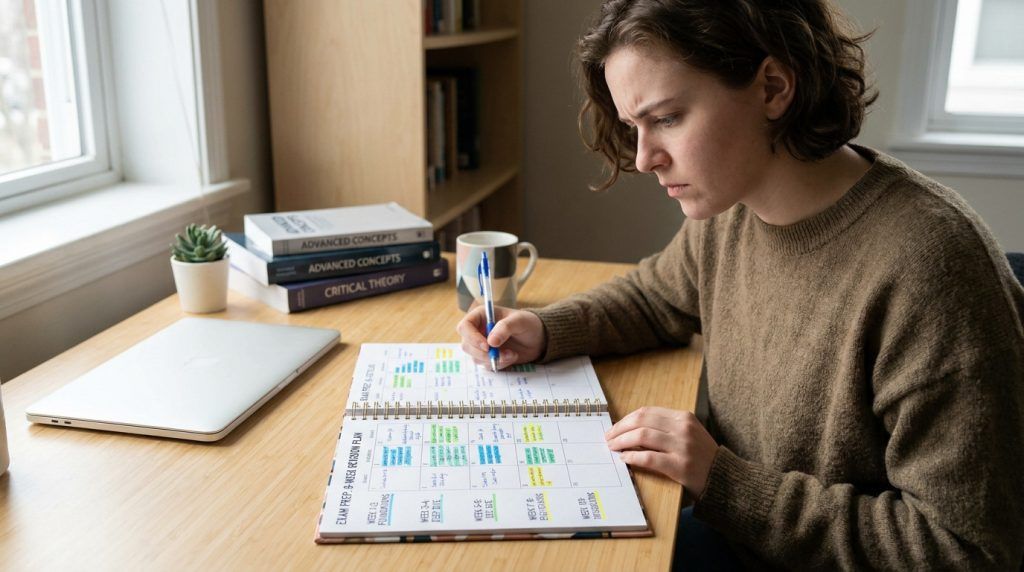 Étudiante concentrée planifiant ses révisions du baccalauréat dans un agenda sur son bureau.