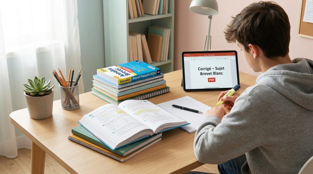 Un adolescent étudie à son bureau avec des manuels scolaires et une tablette affichant un corrigé du brevet.