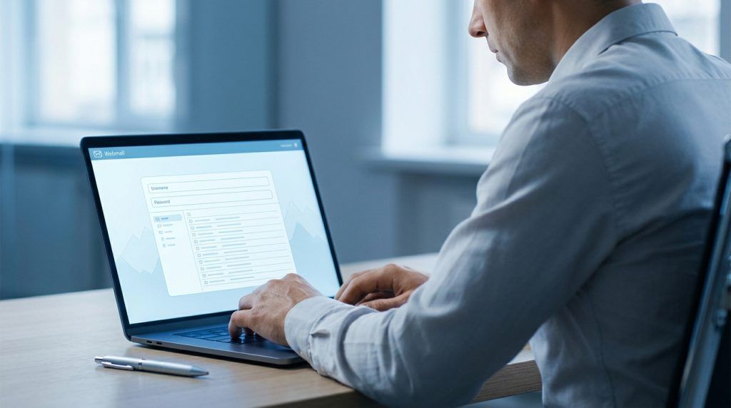 Un homme en chemise travaille sur un ordinateur portable affichant une interface de connexion webmail.