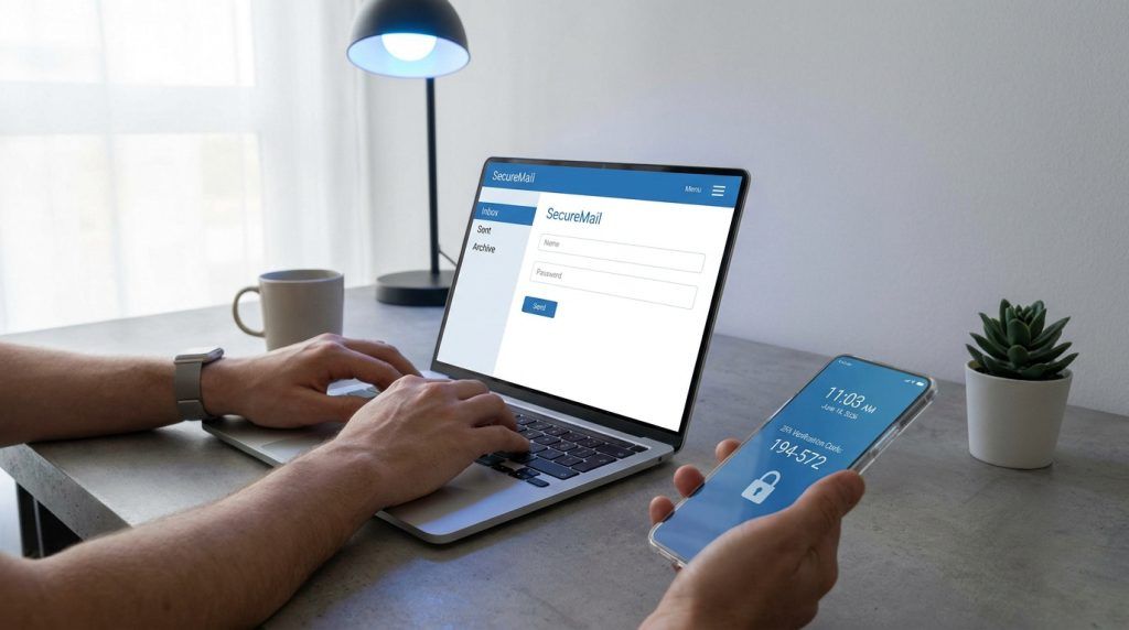 Une personne utilisant un ordinateur pour se connecter à une messagerie sécurisée avec un code de vérification sur mobile.