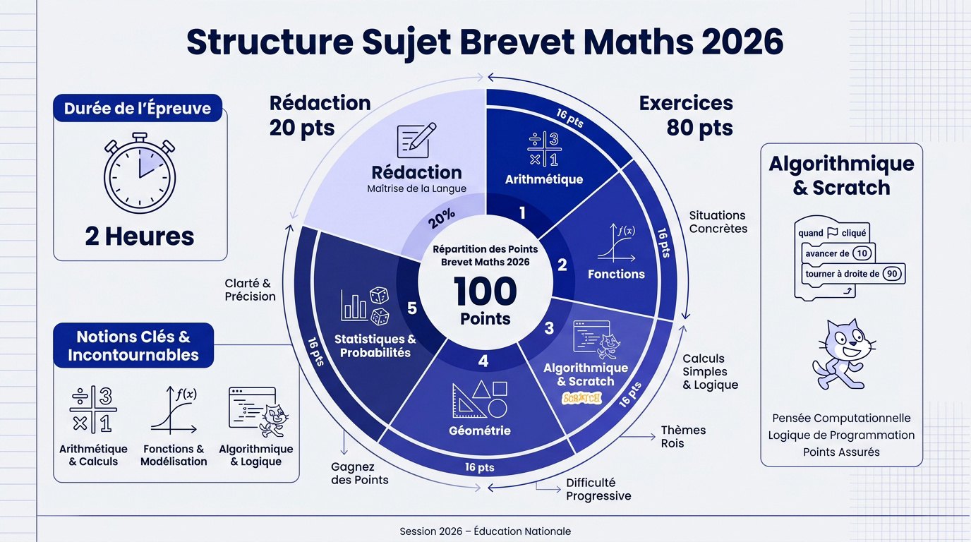 Schéma explicatif de la structure de l'épreuve de mathématiques du brevet 2026
