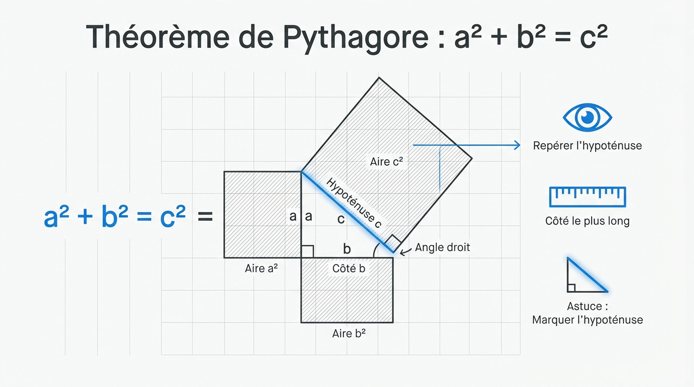 Schéma d'un triangle rectangle avec l'hypoténuse c