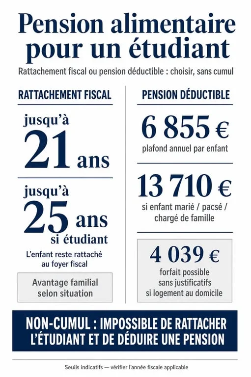 Pension alimentaire pour un étudiant : comparaison visuelle entre rattachement fiscal et déduction avec les plafonds clés