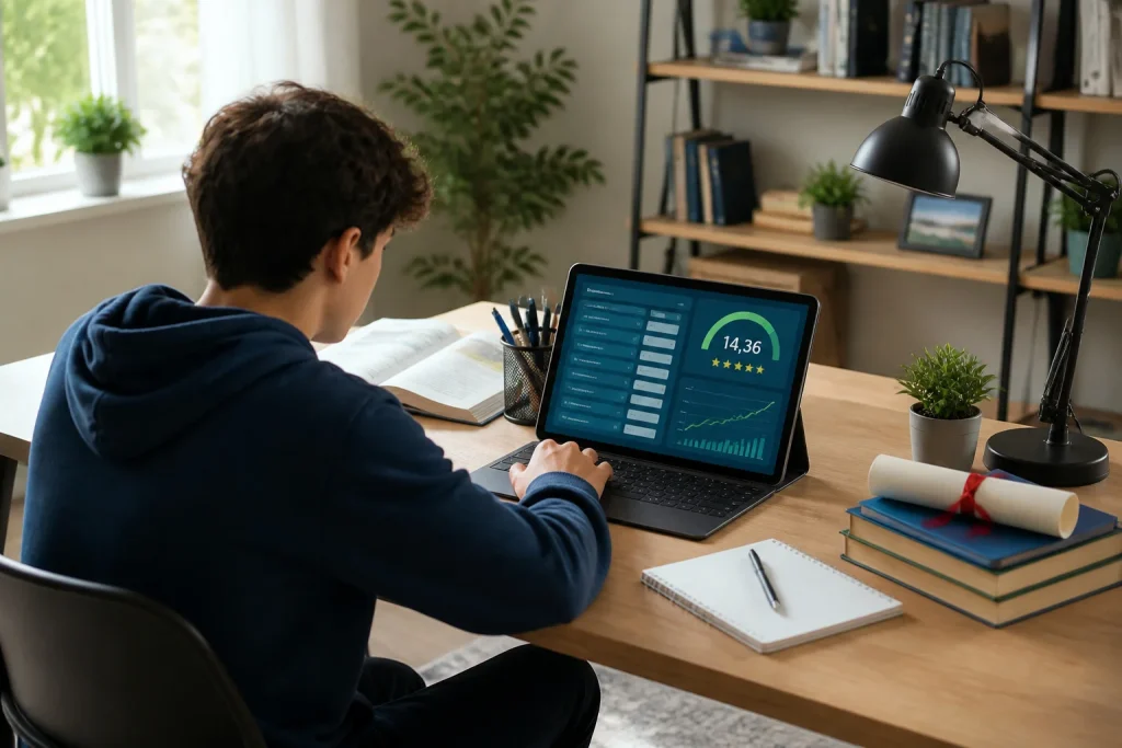 Jeune etudiant utilisant un simulateur bac