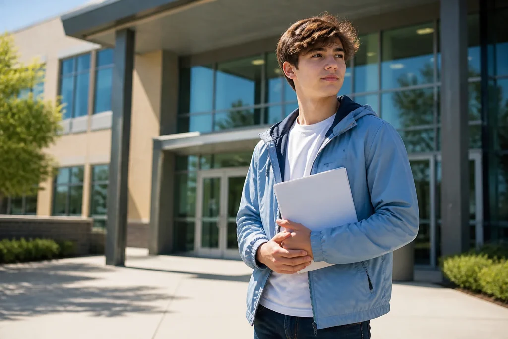 Jeune etudiant confiant devant son lycee