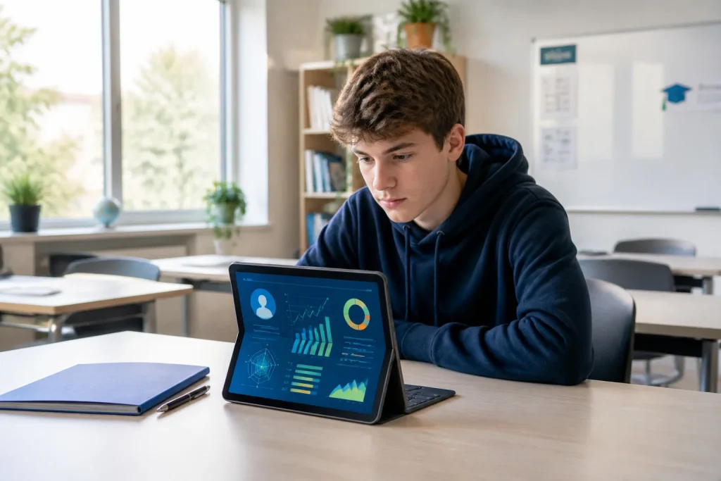 Etudiant concentre sur son profil numerique