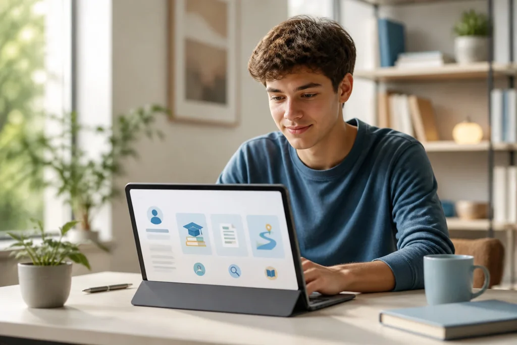 Etudiant concentre sur son appareil numerique