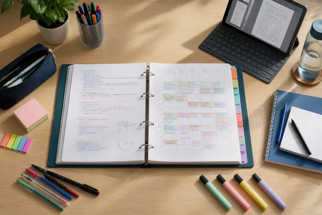 Cahier de prepa organise sur un bureau en bois