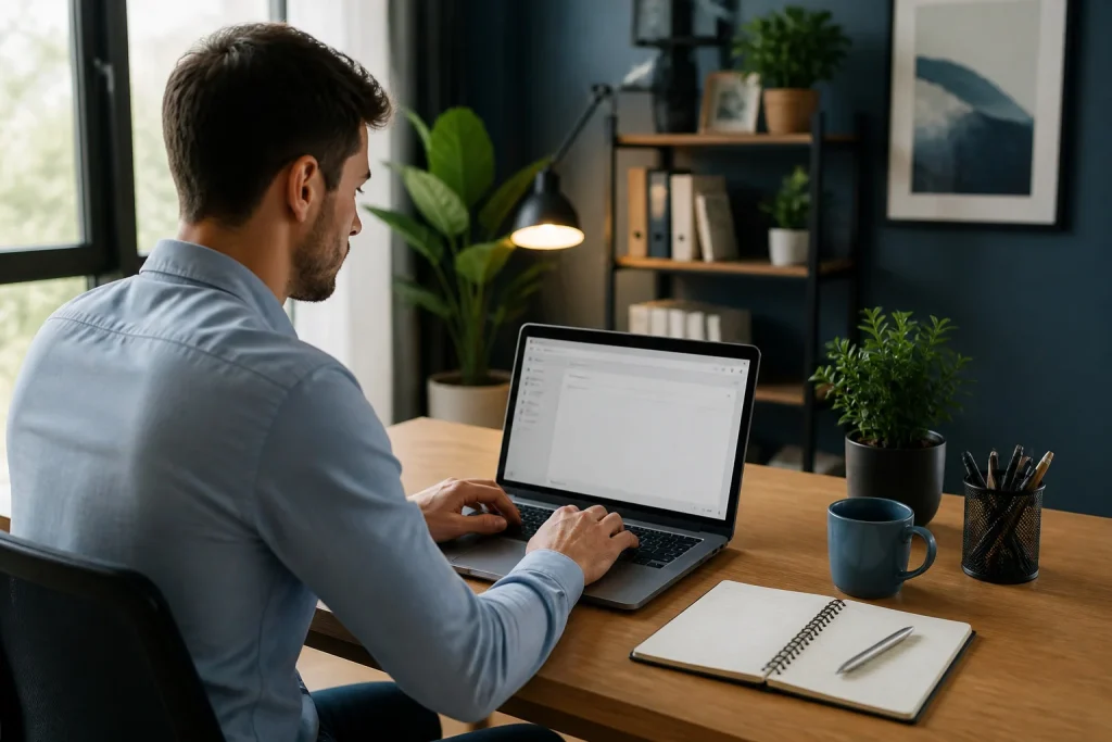 Homme concentre travaillant sur ordinateur portable