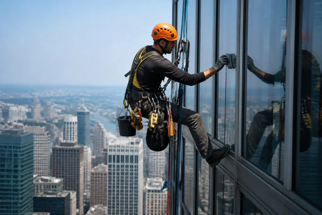 Cordiste au travail sur une facade de gratte ciel