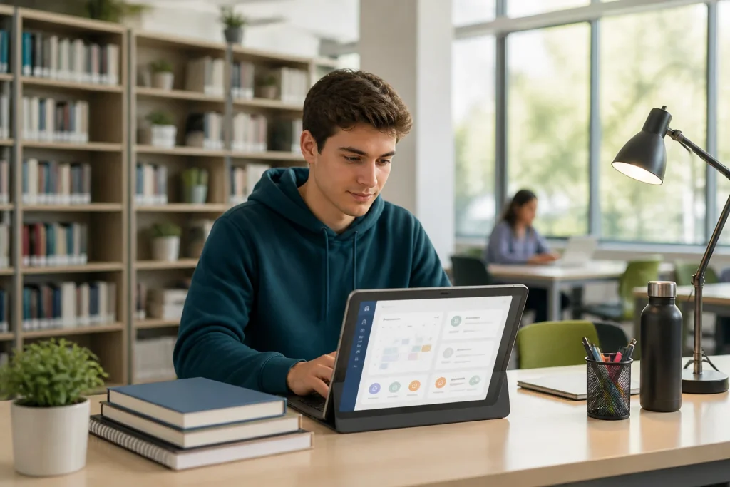 Etudiant concentre sur son appareil numerique