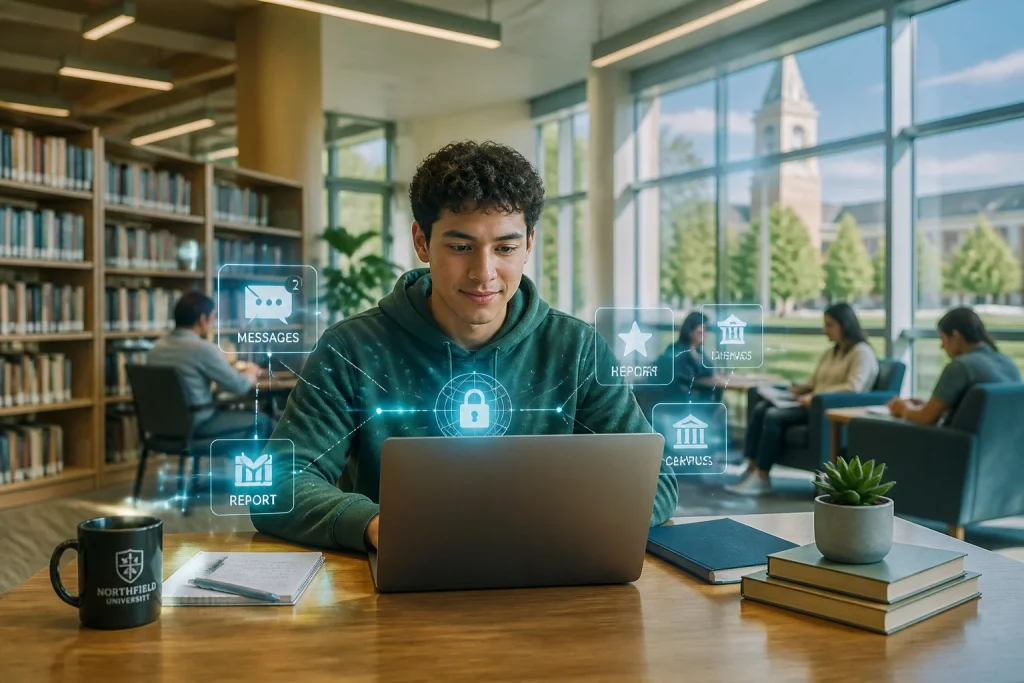 Etudiant connecte dans une bibliotheque moderne