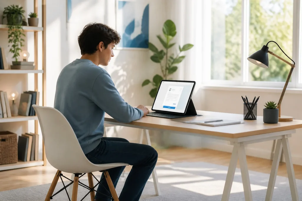Jeune adulte travaillant sur un document en ligne