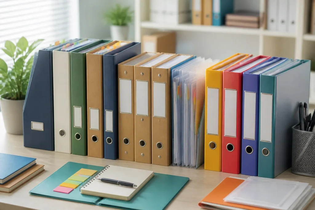 Bureau organise avec classeurs colores