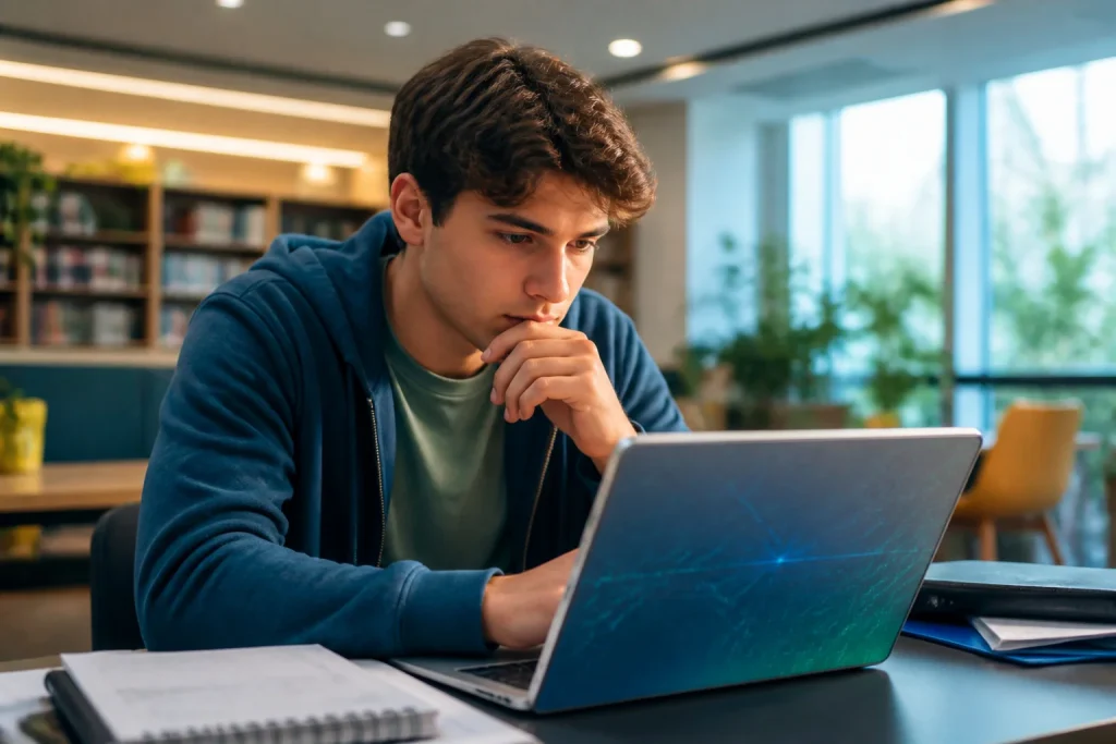 Etudiant concentre sur son ecran dordinateur