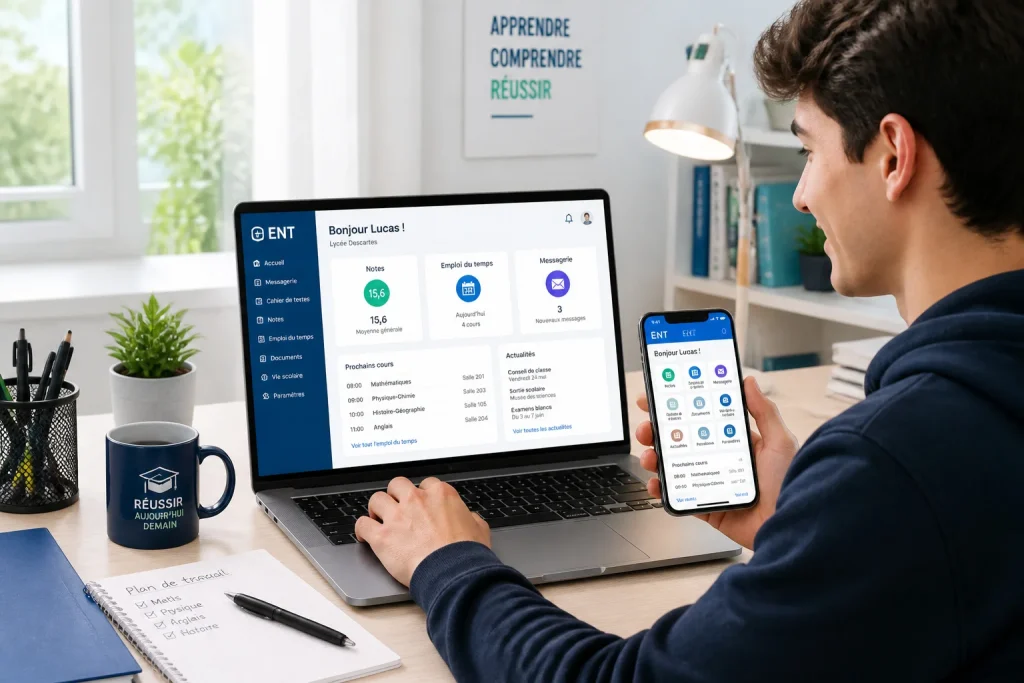 Etudiant connecte laptop et smartphone