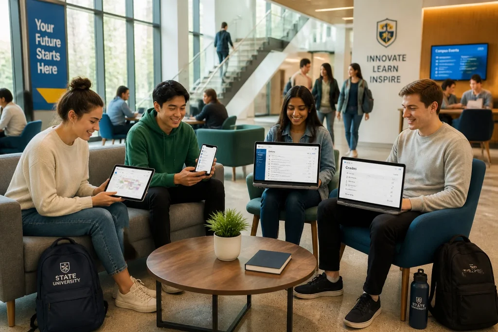 Etudiants connectes dans un espace universitaire moderne