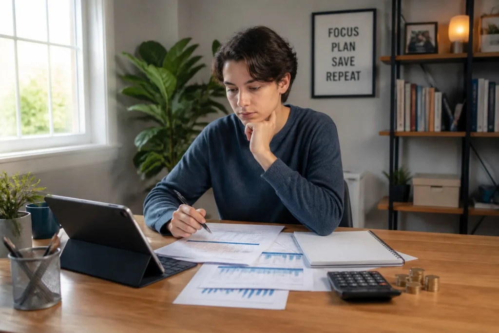 Jeune adulte concentre sur ses finances