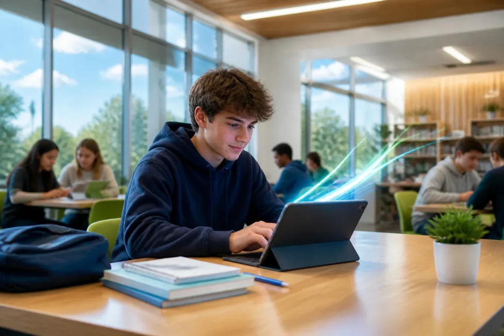 Etudiant concentre avec tablette dans un espace dapprentissage moderne