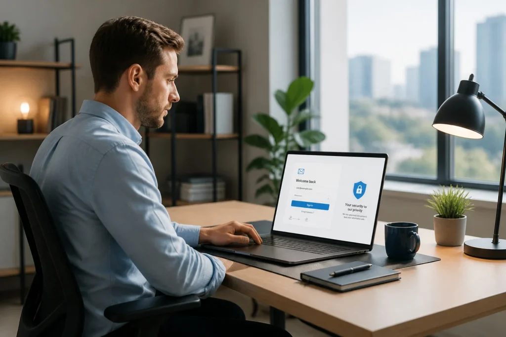 Homme travaillant sur un ordinateur portable securise