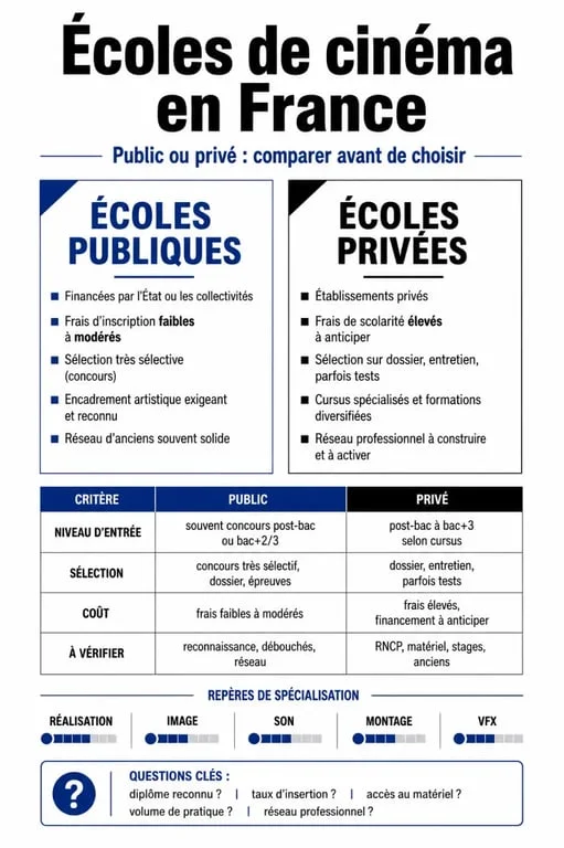 Infographie sur une ecole de cinema en France : public ou privé, prix, sélection et critères de choix