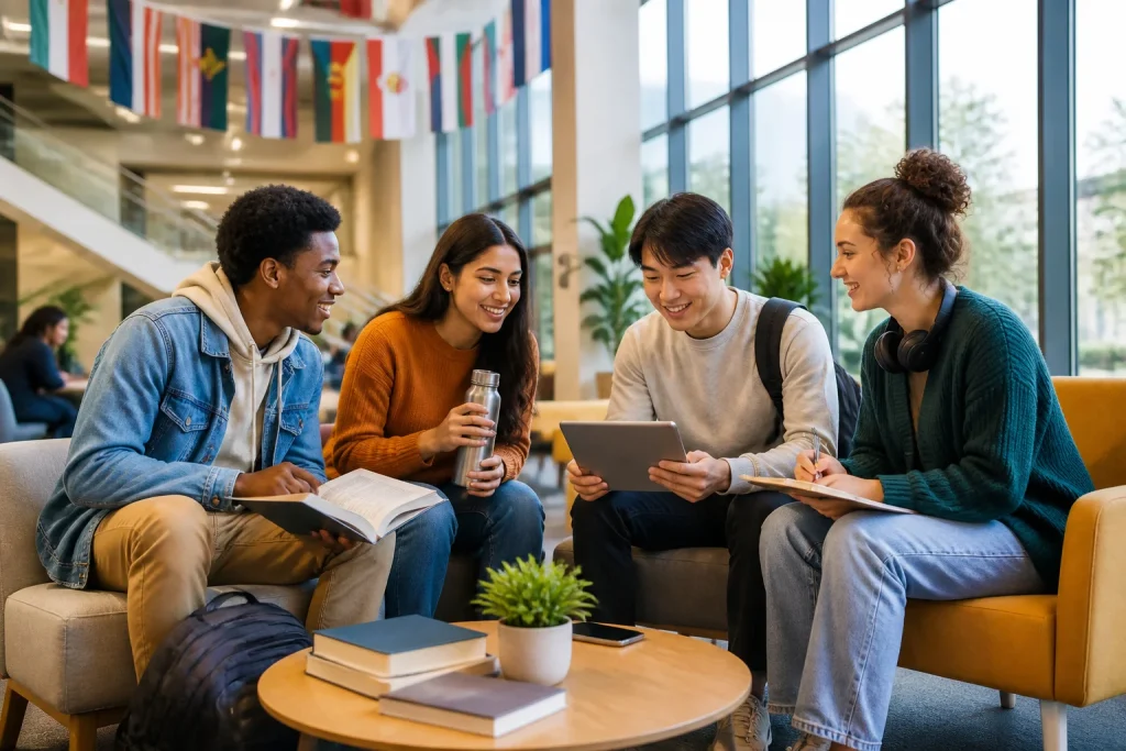 Etudiants divers interagissant dans un espace commun
