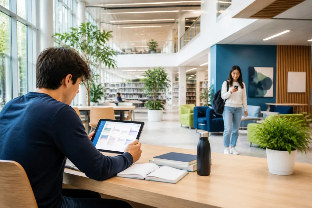 Etudiants connectes dans un environnement moderne